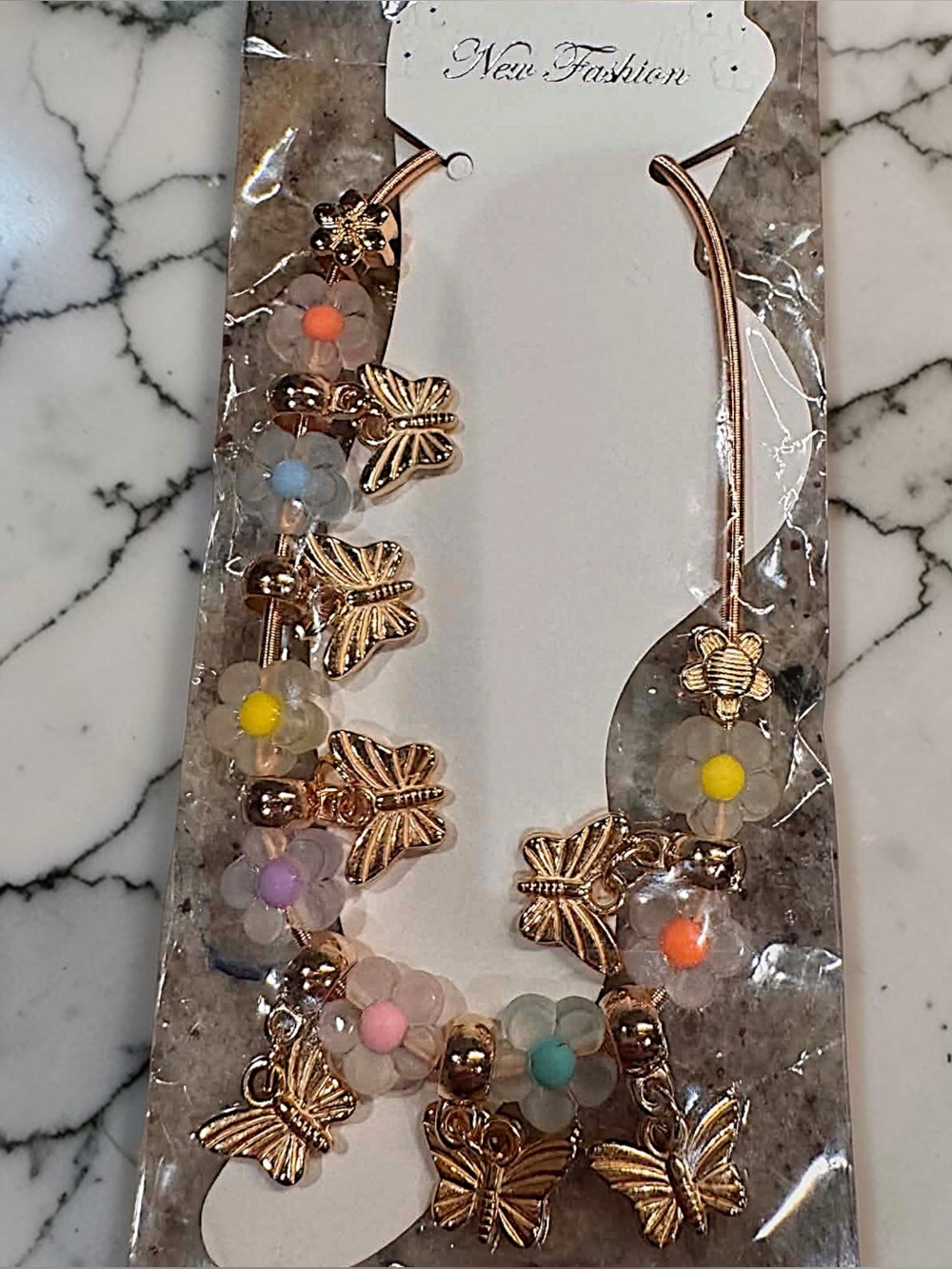 Gold Butterfly & Multicolor Flower Beaded anklet